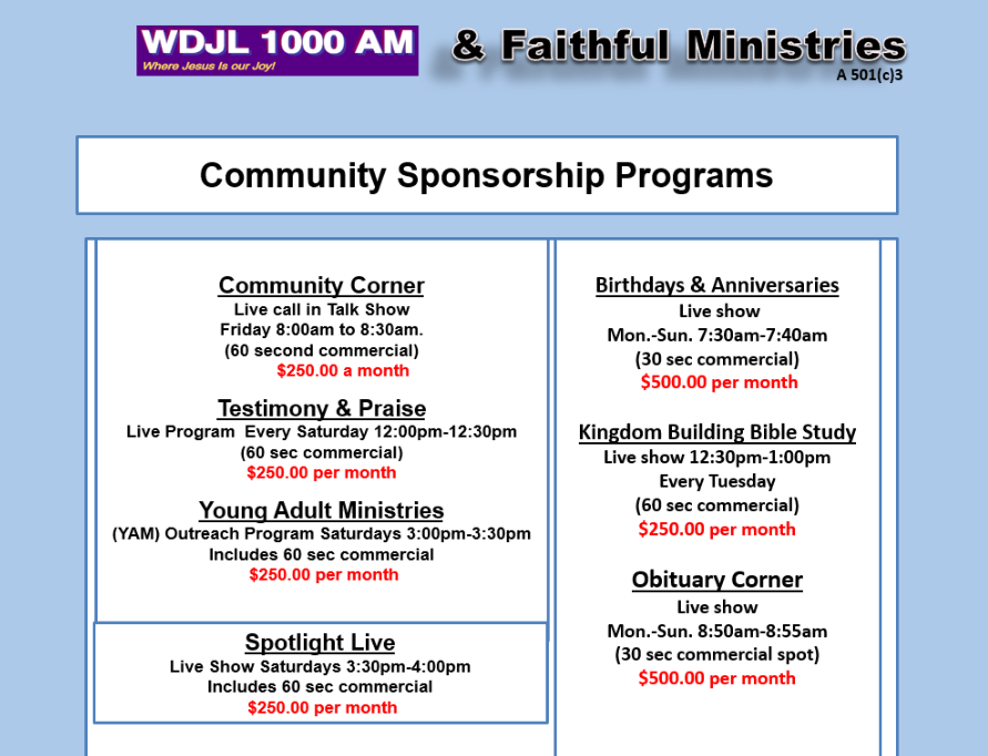 Advertisement for community sponsorship programs on WDJL 1000 AM radio station. The programs include a community corner, testimony, and bible study.