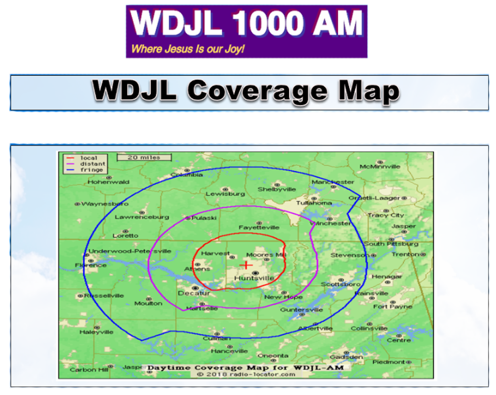 WDJL 1000 AM coverage map, with concentric circles indicating coverage areas over a map of the area.