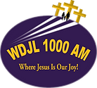 Logo for WDJL 1000 AM, a radio station, featuring three gold crosses, figures, and text on a purple oval background.