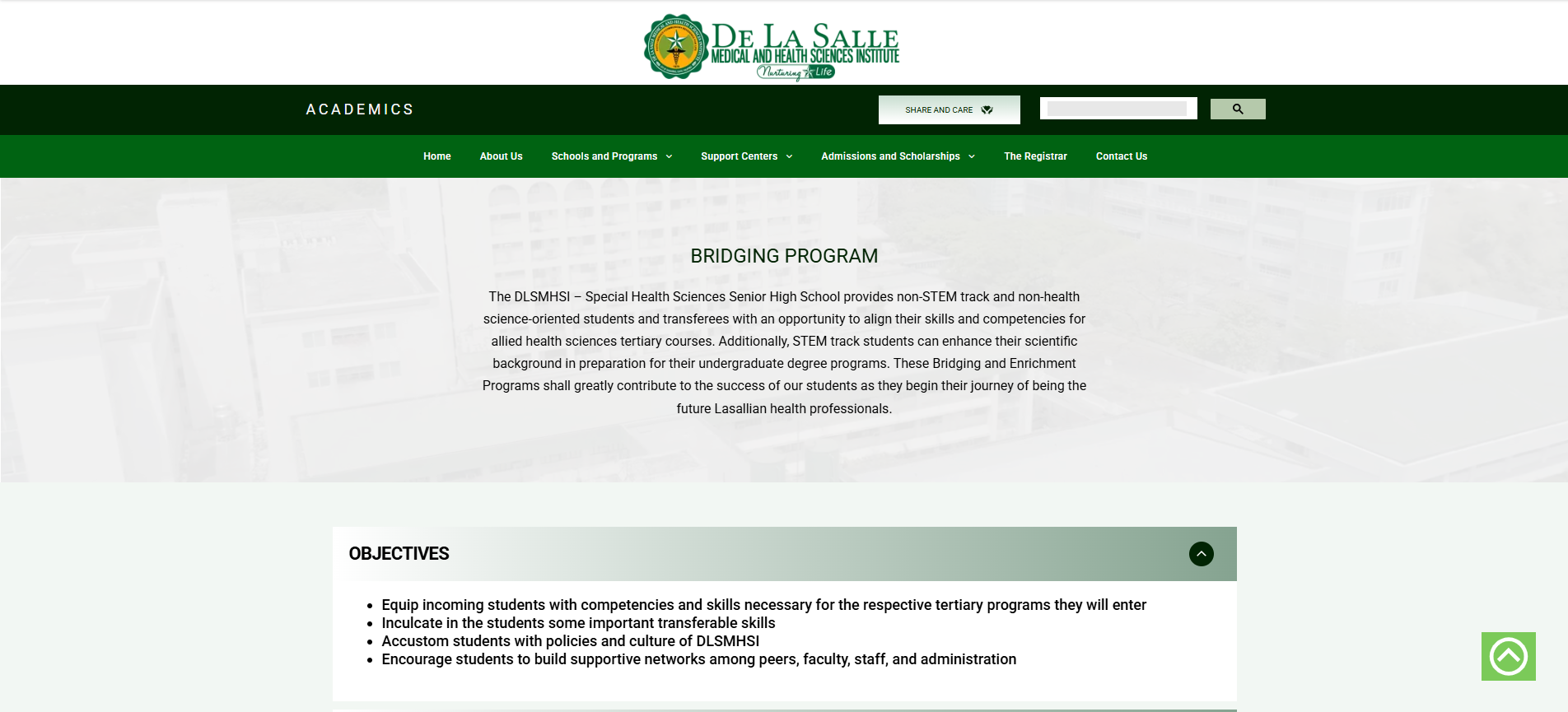 Admissions | Online Application for Bridging Program | DLSMHSI
