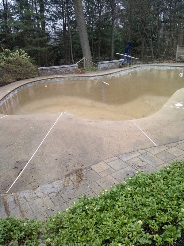 An empty swimming pool with a brick patio and trees in the background.