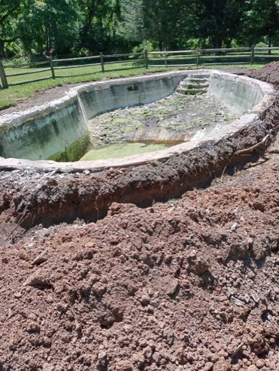 An empty swimming pool is sitting in the middle of a dirt field.
