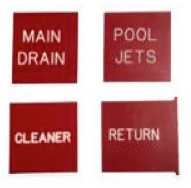 A set of four red signs that say main drain , pool jets , cleaner , and return.