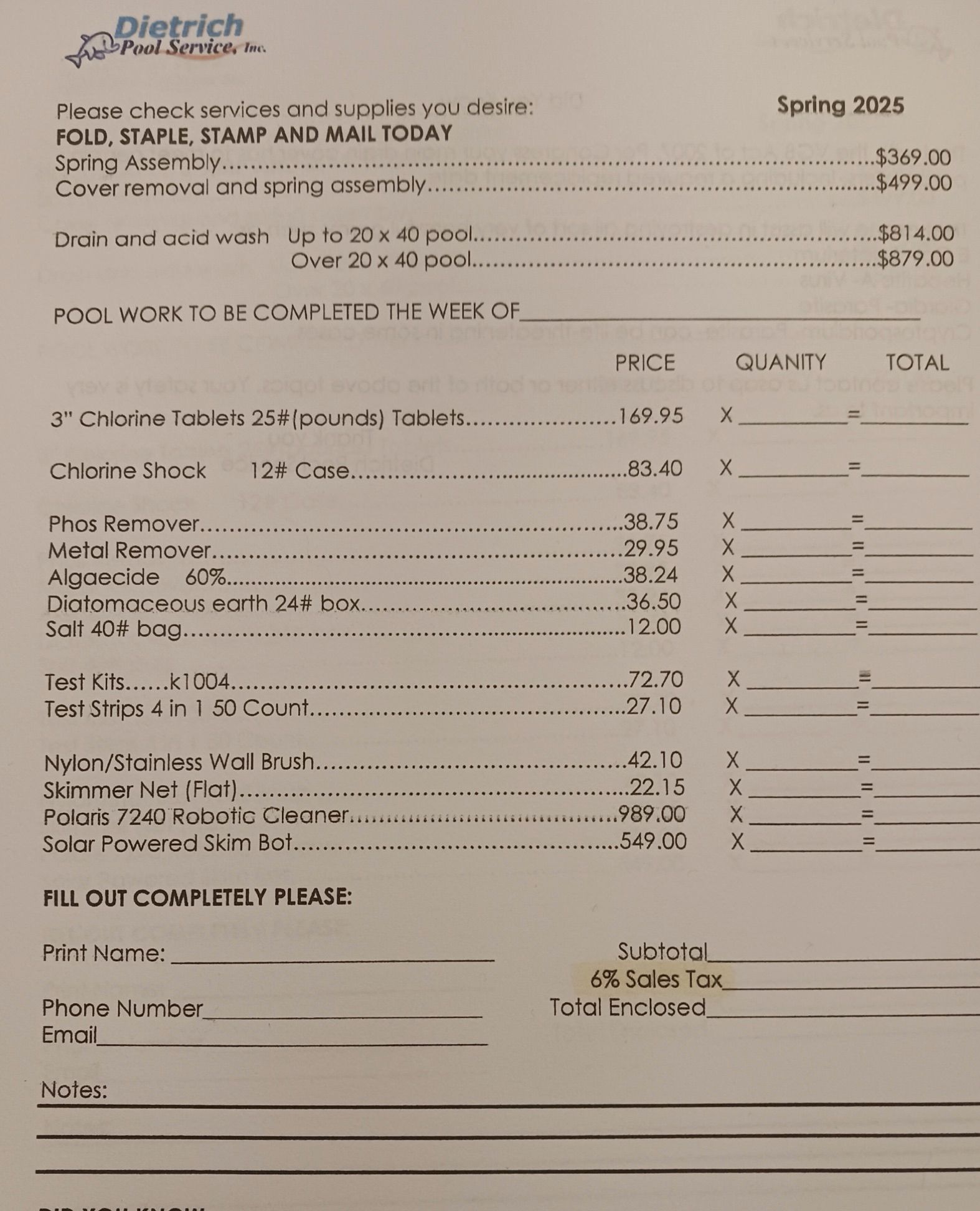A receipt from dietrich pool service dated spring 2015