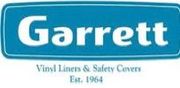 The logo for garrett vinyl liners and safety covers is blue and white.