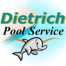The logo for dietrich pool service has a dolphin on it.