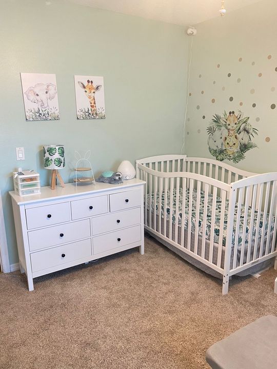 Mint nursery with white crib, dresser, and wall art on a beige carpet.