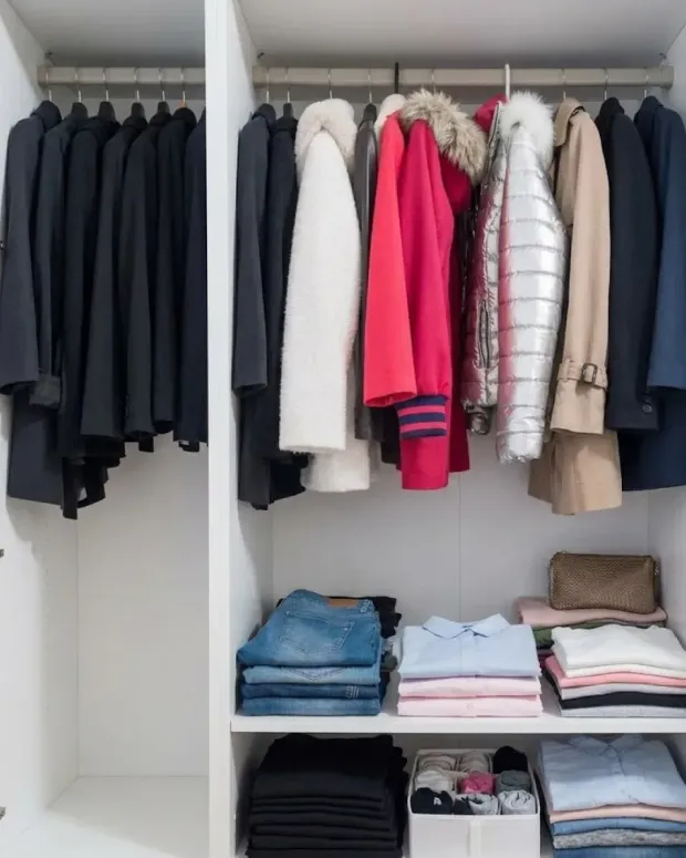 Open closet with hanging coats and folded clothes on shelves, including dark, white, pink, and beige garments