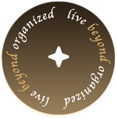 Brown circular logo with white curved text reading “live beyond organized” and a white star in the center