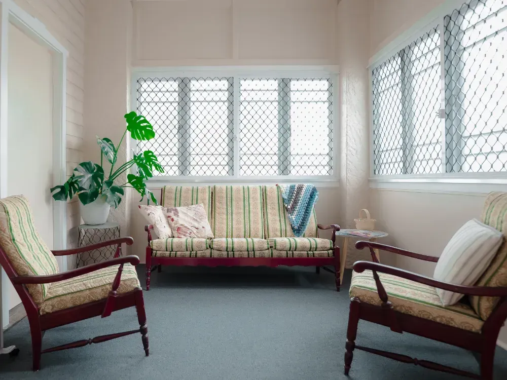 A living room with a couch , chairs , and a plant.
