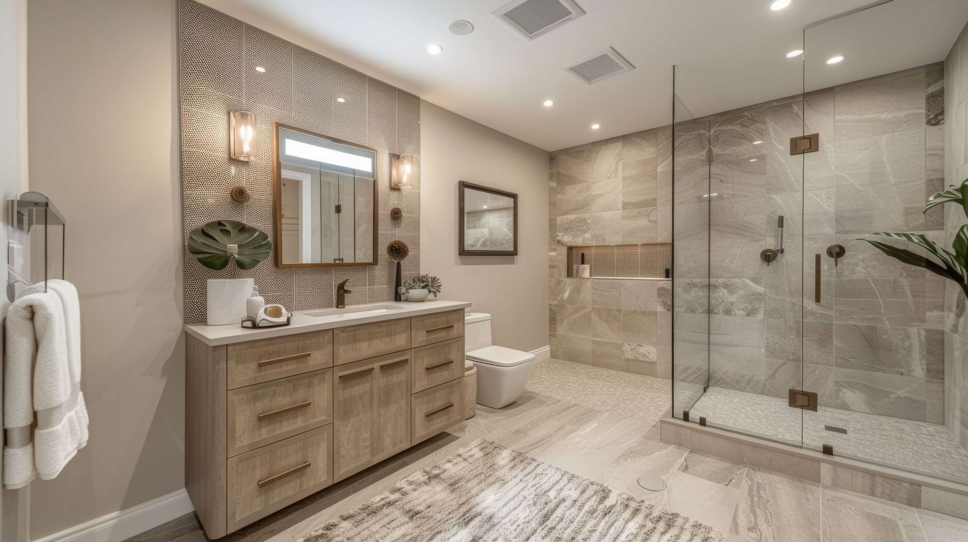 Modern bathroom with glass shower, double vanity, and neutral finishes