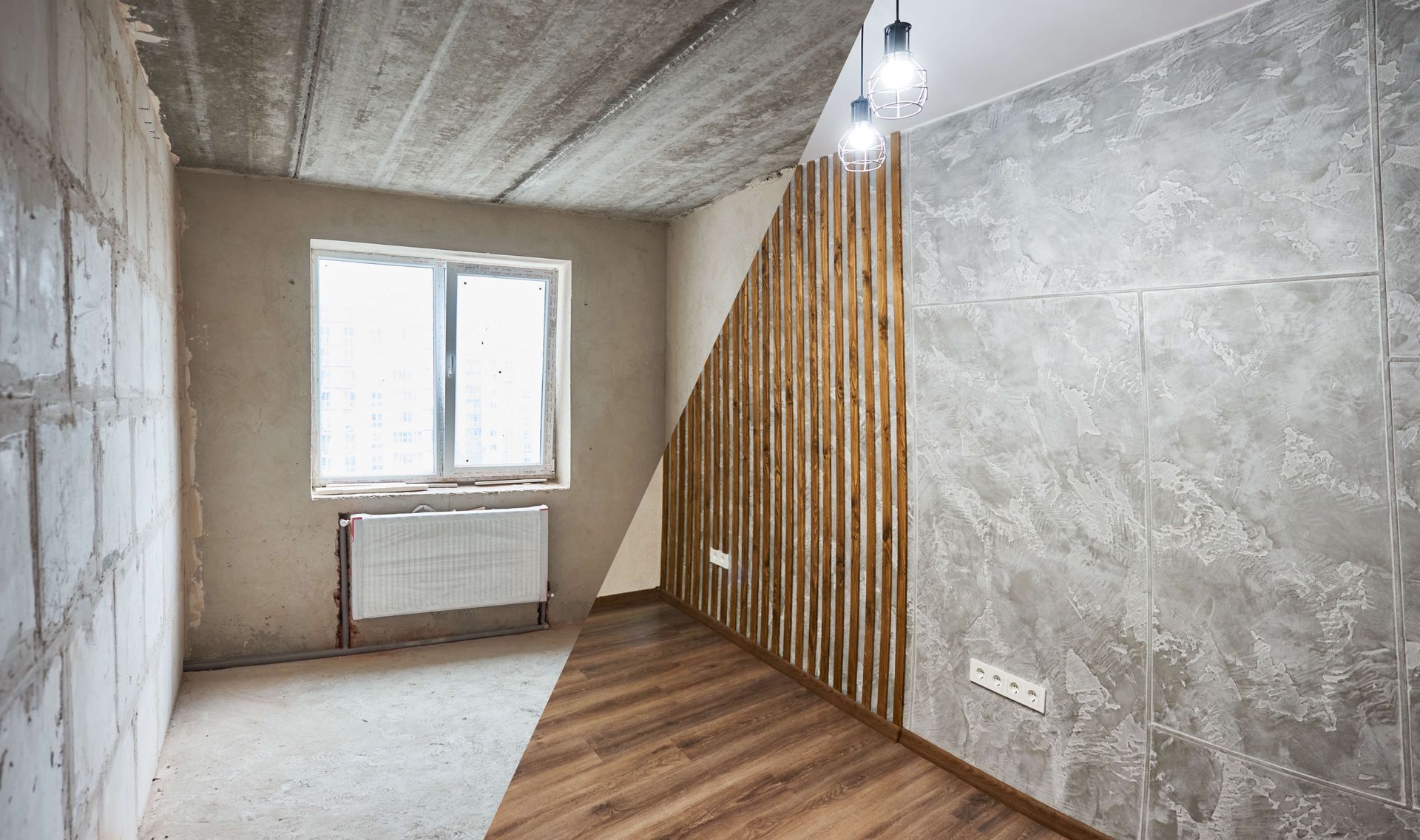 Before and after room renovation showing unfinished and modern finished interior