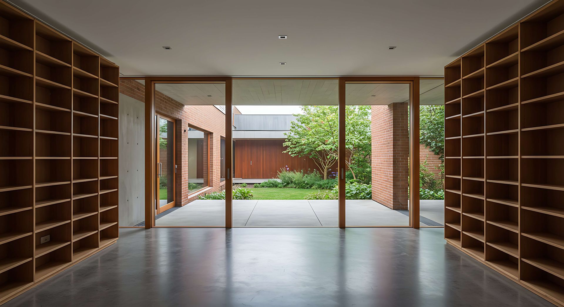 A large empty room with lots of shelves and sliding glass doors leading to a courtyard.