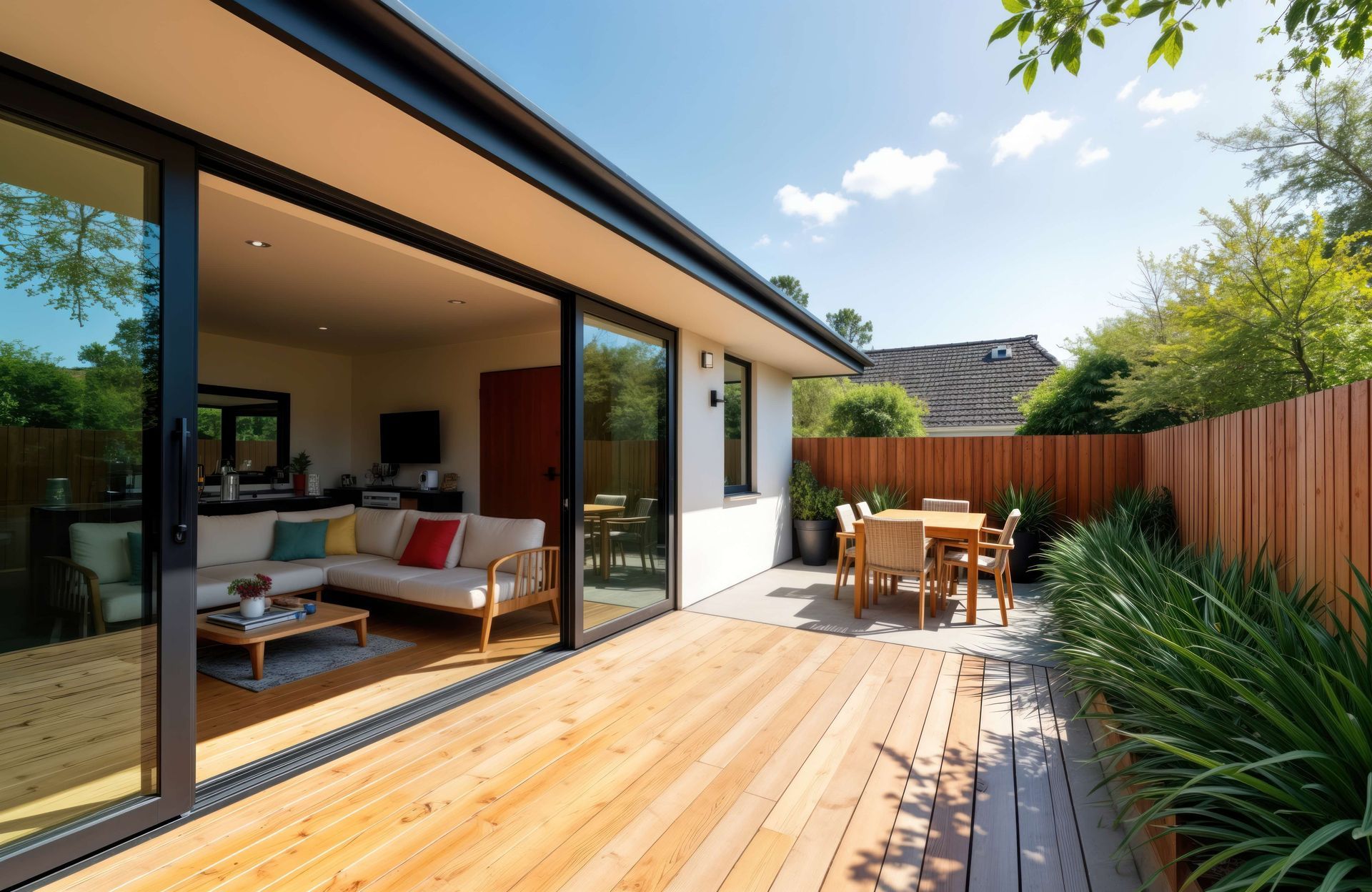 Modern home extension with a timber deck, sliding glass doors, outdoor dining area