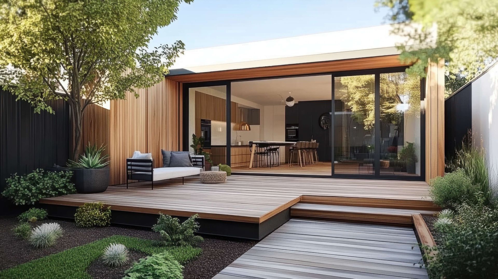 The backyard of a house with a wooden deck and sliding glass doors.