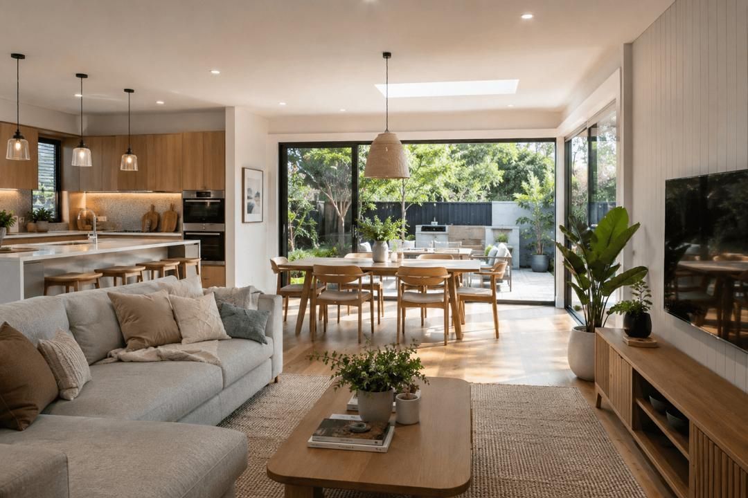Modern open-plan living room with beige sofa, dining table, and sliding doors to a leafy patio.