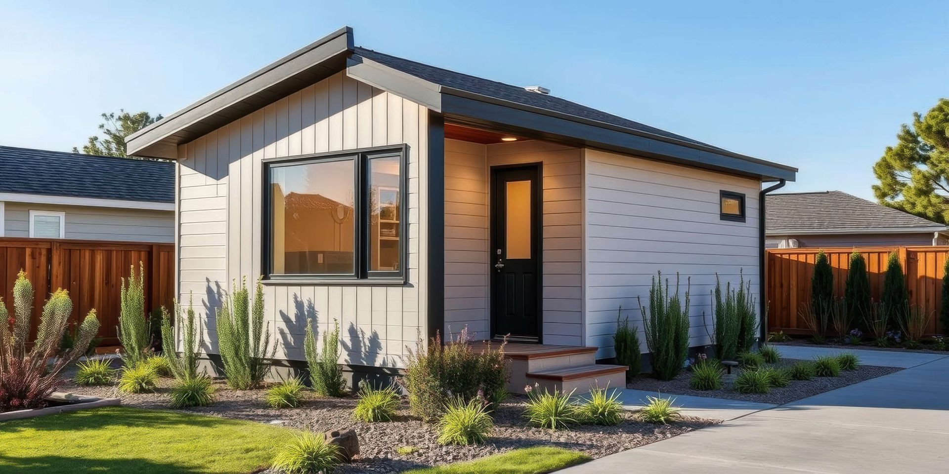 A small white house with a black door and a fence in front of it.