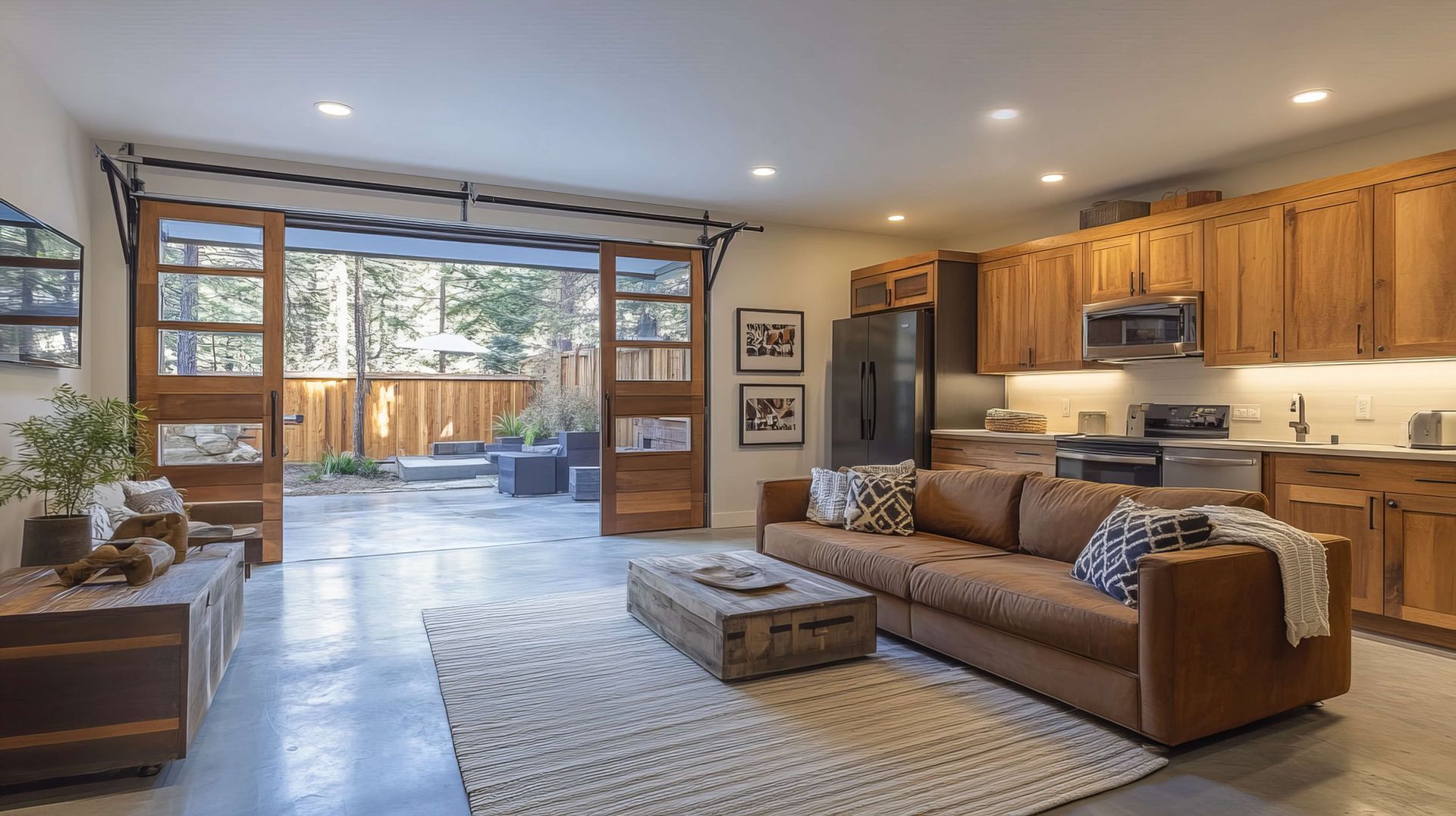 A living room with a couch , coffee table , and kitchen.