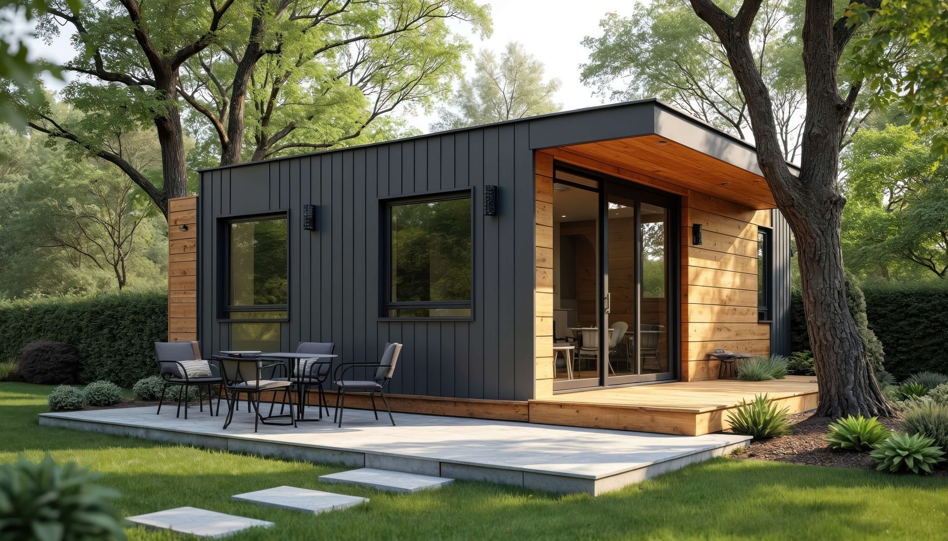 A small house with a patio and a table and chairs in the backyard.