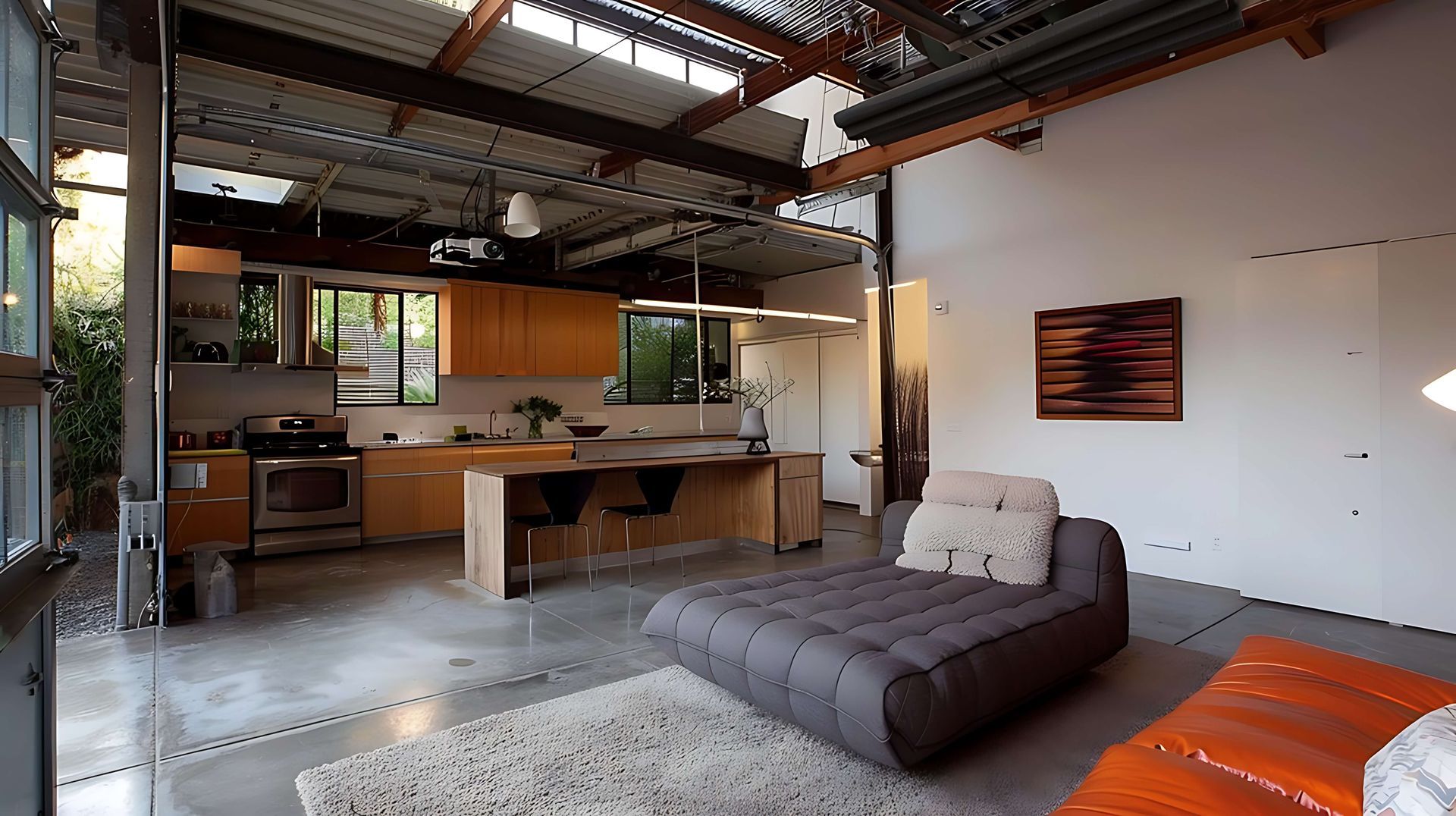A modern open-plan room with a sleek kitchen, exposed ceiling beams