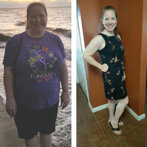 A before and after photo of a woman wearing a purple shirt and a black dress