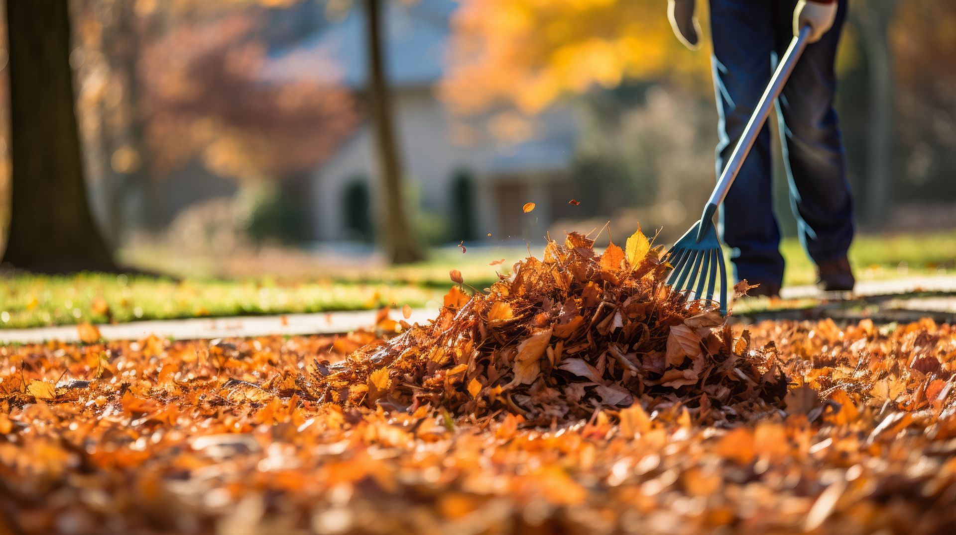 A person is raking leaves on the sidewalk.