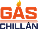 Un logotipo para Gas 2 Chillan con una llama y flechas.