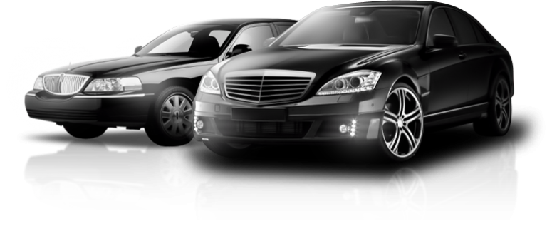 Two black luxury cars, one a sedan and the other a limousine, against a white backdrop with a reflection.