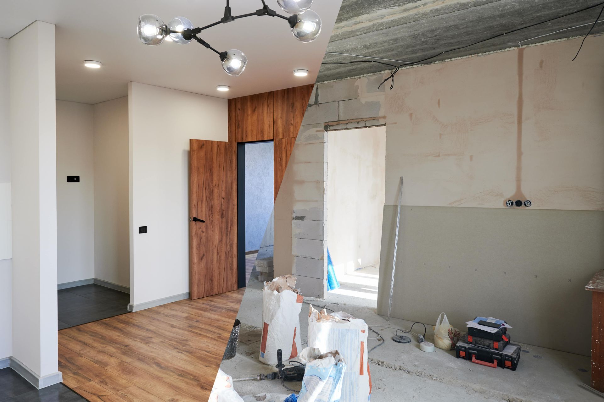 A before and after photo of a room being remodeled.