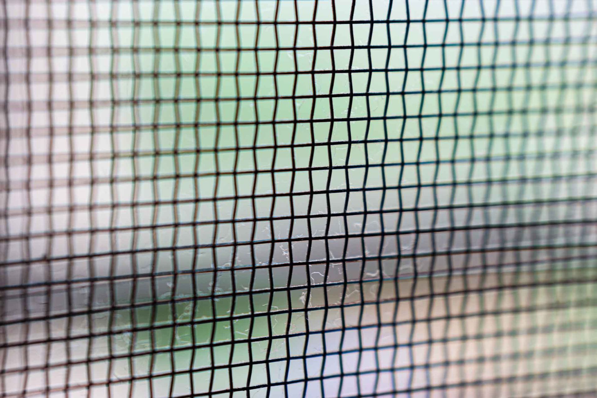 A close up of a mosquito screen on a window.