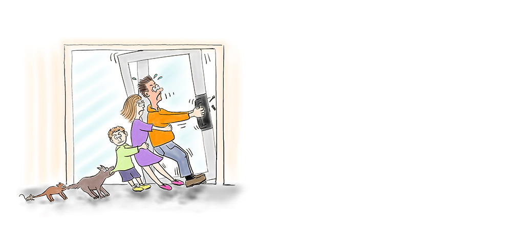 A cartoon of a family standing in front of a window.