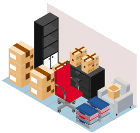 Isometric view of a storage unit with packed boxes, a chair, furniture, and a bookcase.