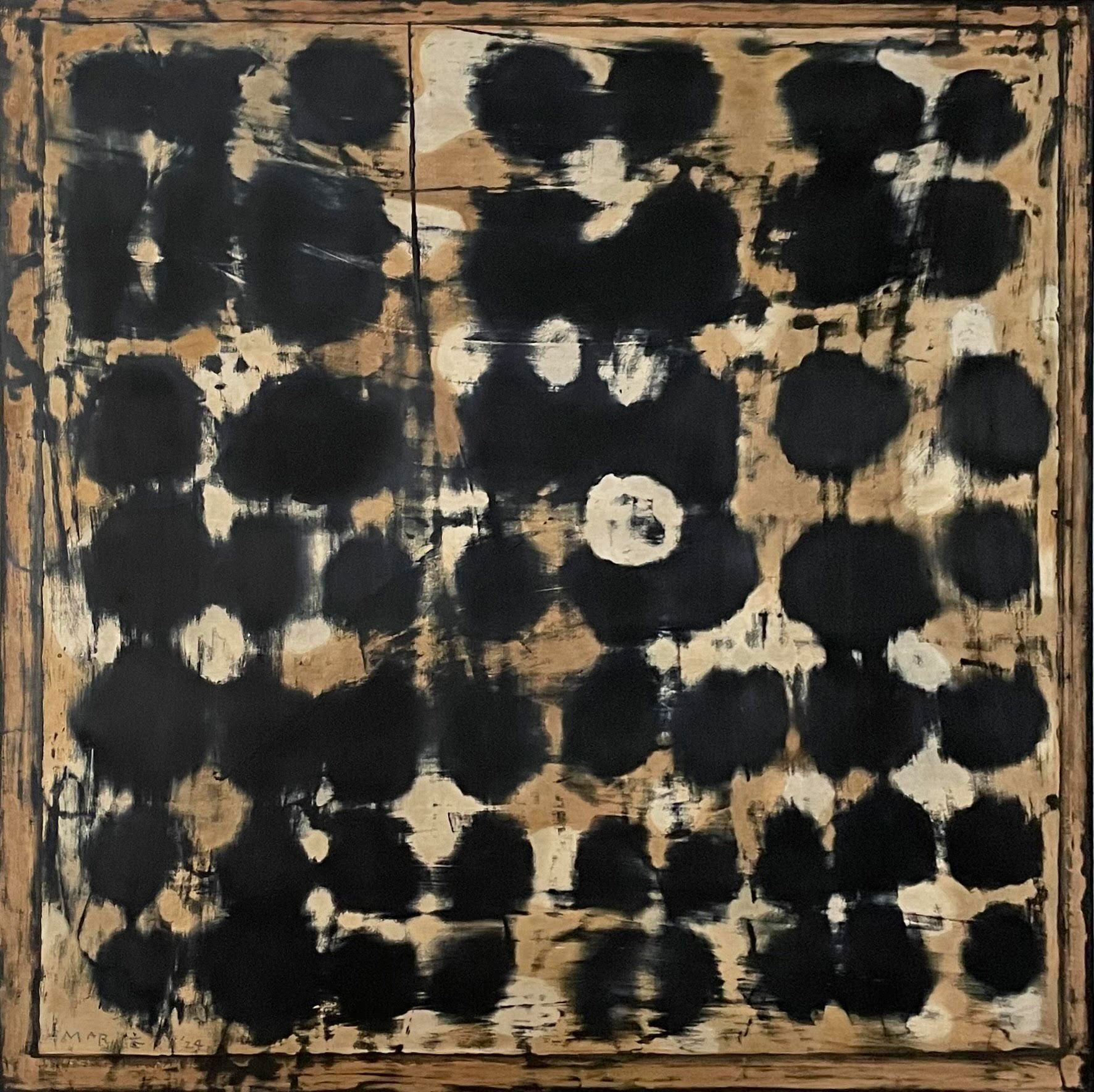 Abstract painting by Japanese artist Marie Higashi. A highly graphic work. This piece is exhibited in the 'Handle with care' exhibition.