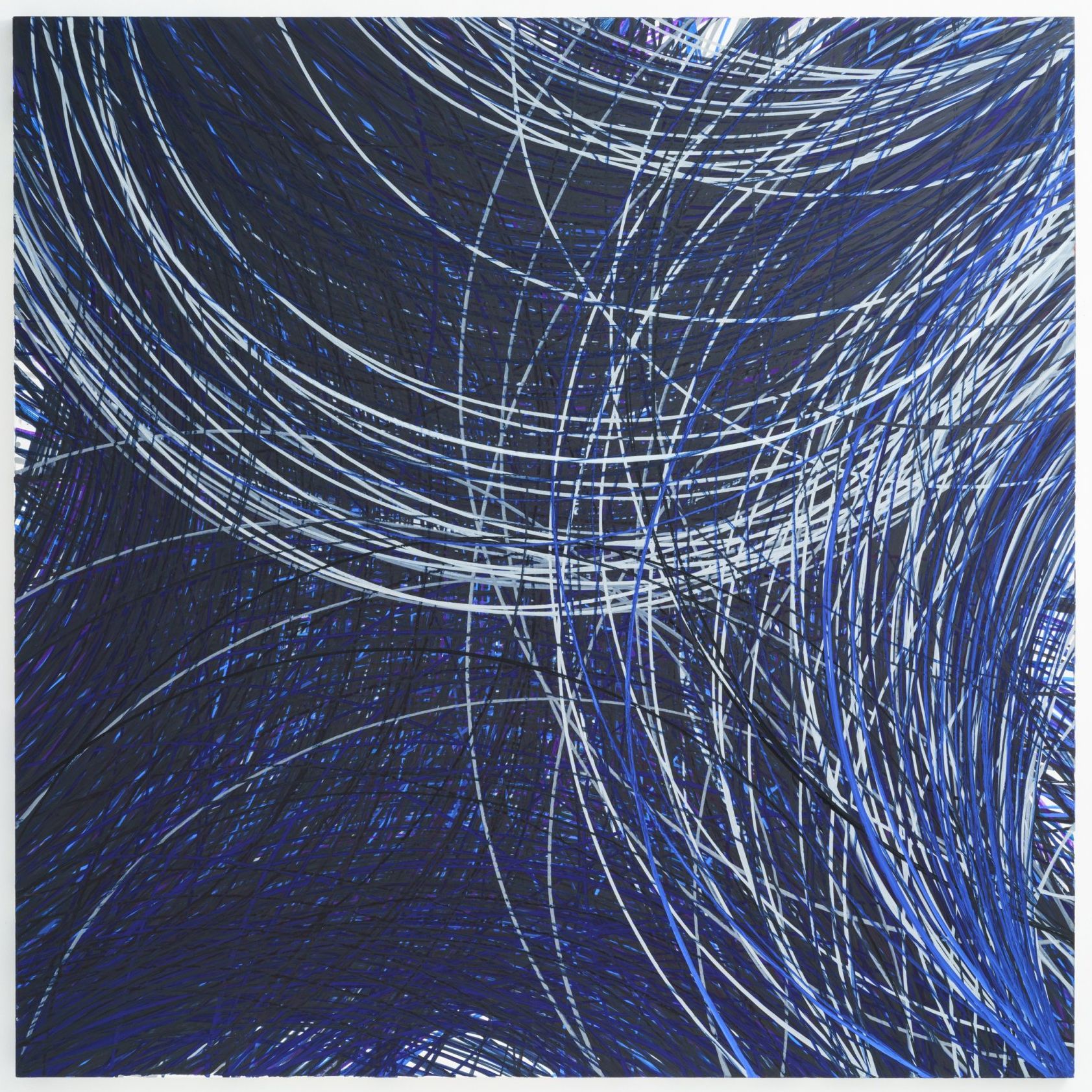 Painting by Japanese artist Mayu Kunihisa. Large canvas featuring arcs in black, blue, and white on a midnight blue background.