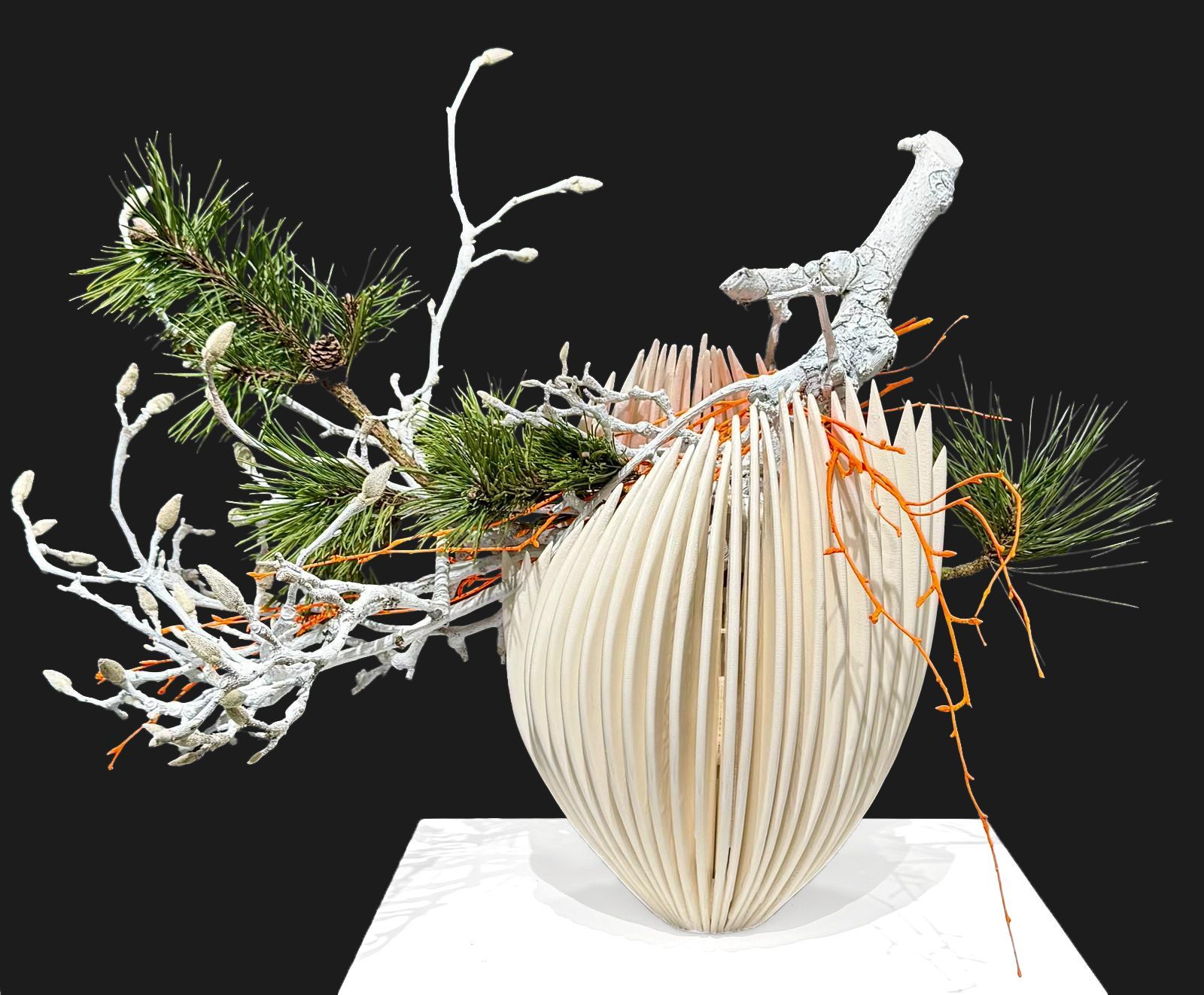 Work by Japanese ceramic artist Yuki Nara with an Ikebana creation by Noda Creation