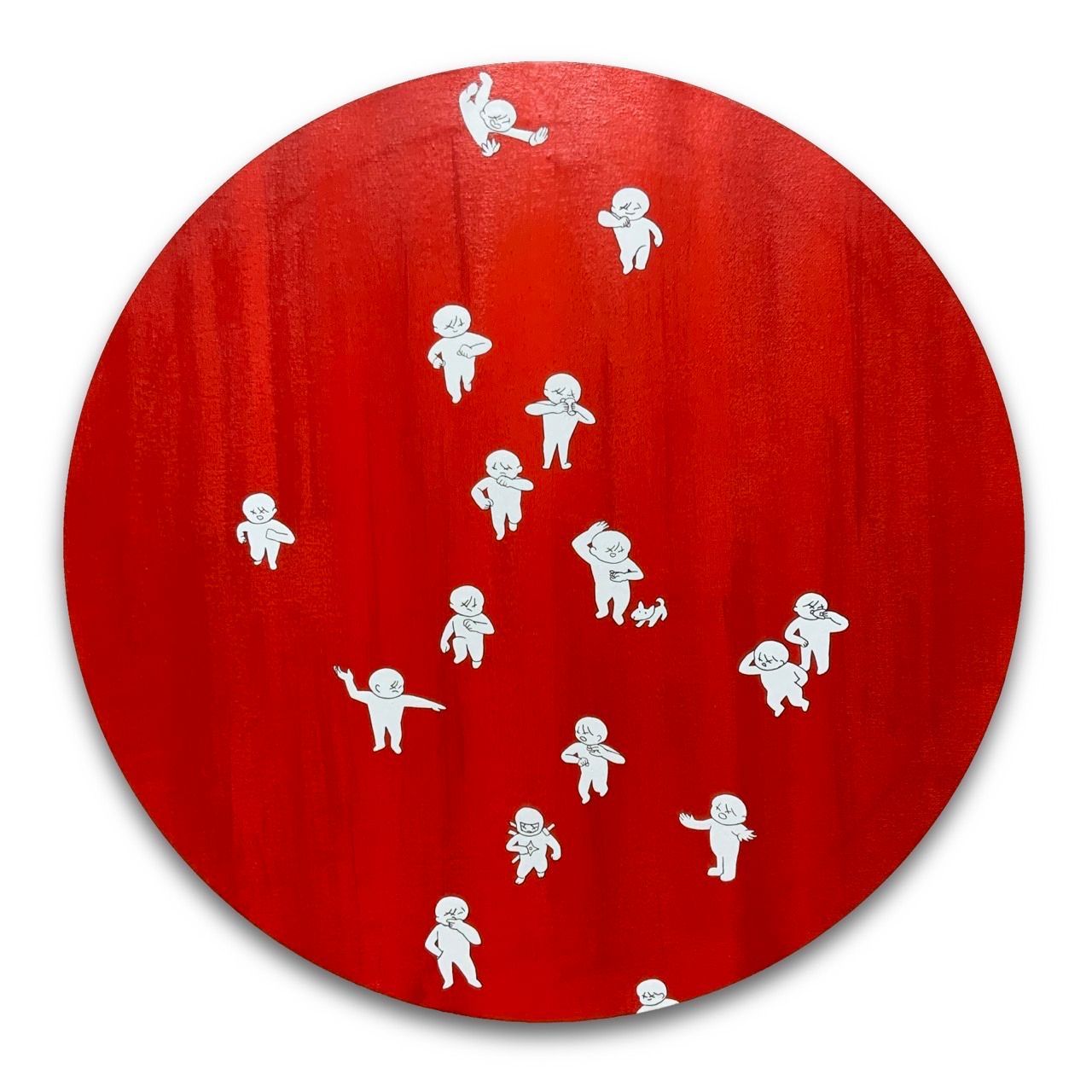 Peinture de l'artiste japonais Cute Fukuda, circulaire. Elle représente des personnages aux attitudes diverses se détachant sur un fond rouge. Cette œuvre fait partie d'une série consacrée aux relations humaines, un thème cher à l'artiste.