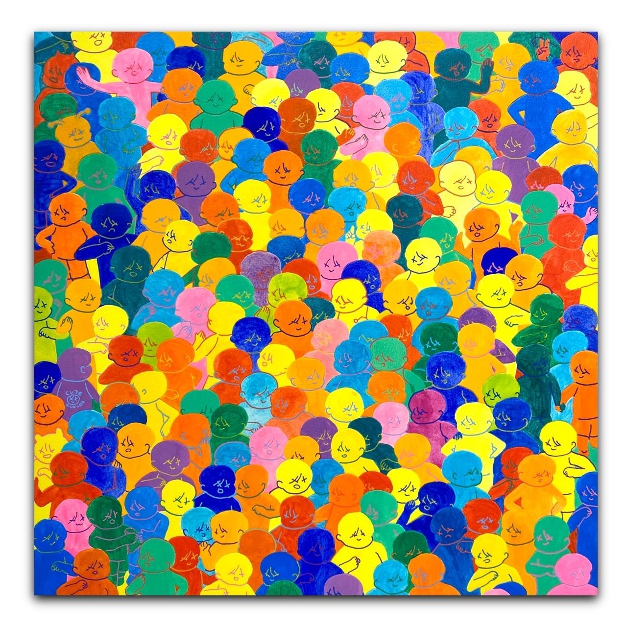 Painting by Japanese artist Cute Fukuda. It depicts numerous characters with diverse attitudes against each other. This highly colorful work is part of a series dedicated to human relationships and interactions, a theme dear to the artist.