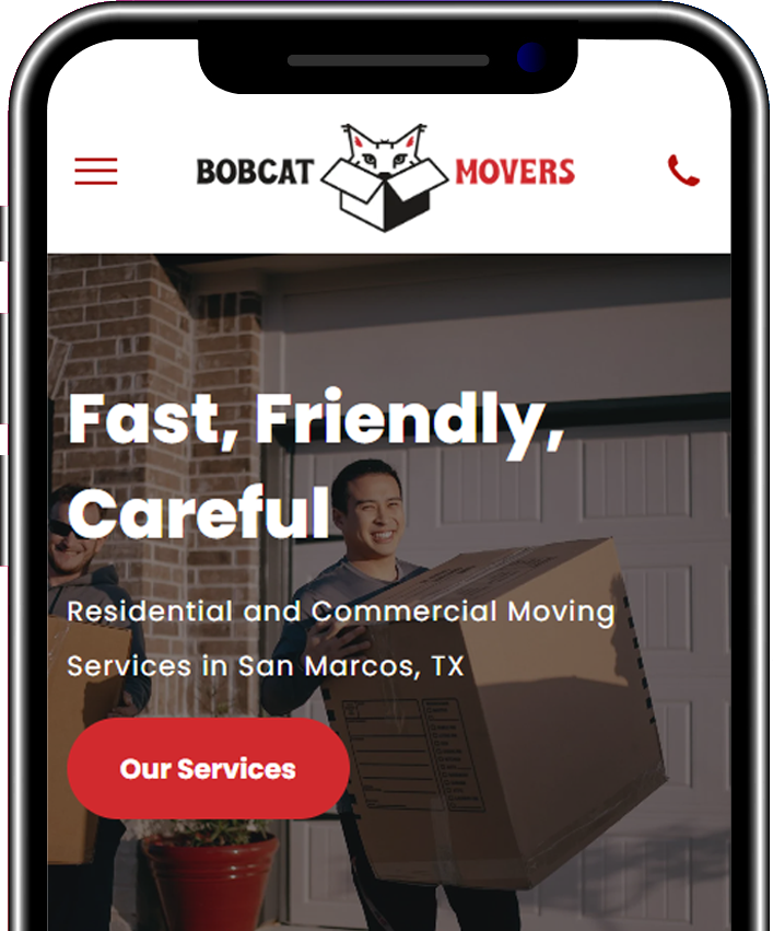 A phone screen shows a website for bobcat movers | Residential Moving in San Marcos, TX