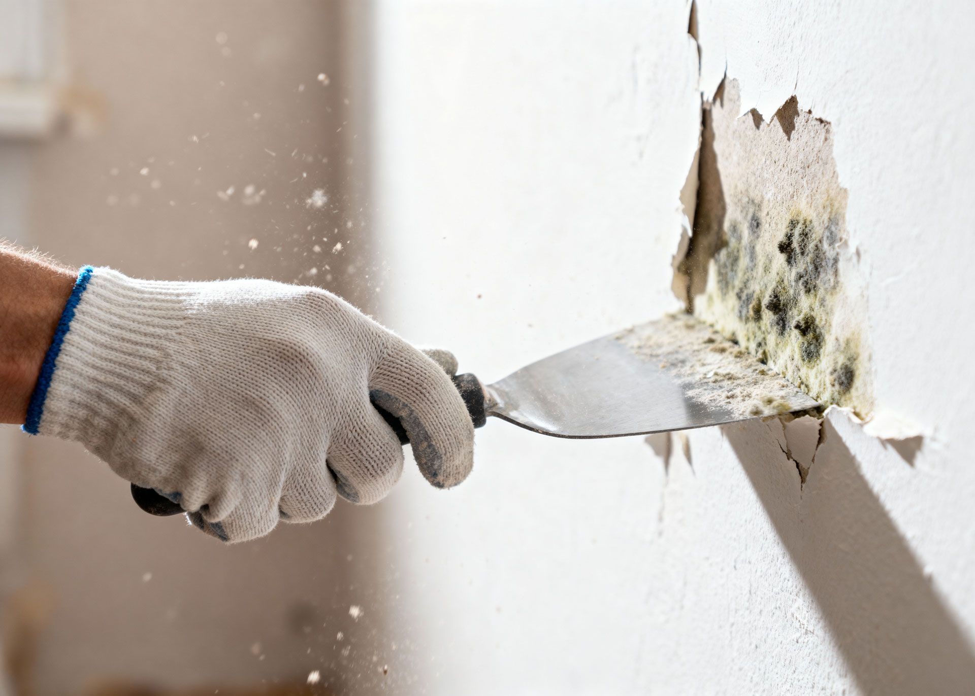 Hand using a putty knife to scrape mold from a white wall.