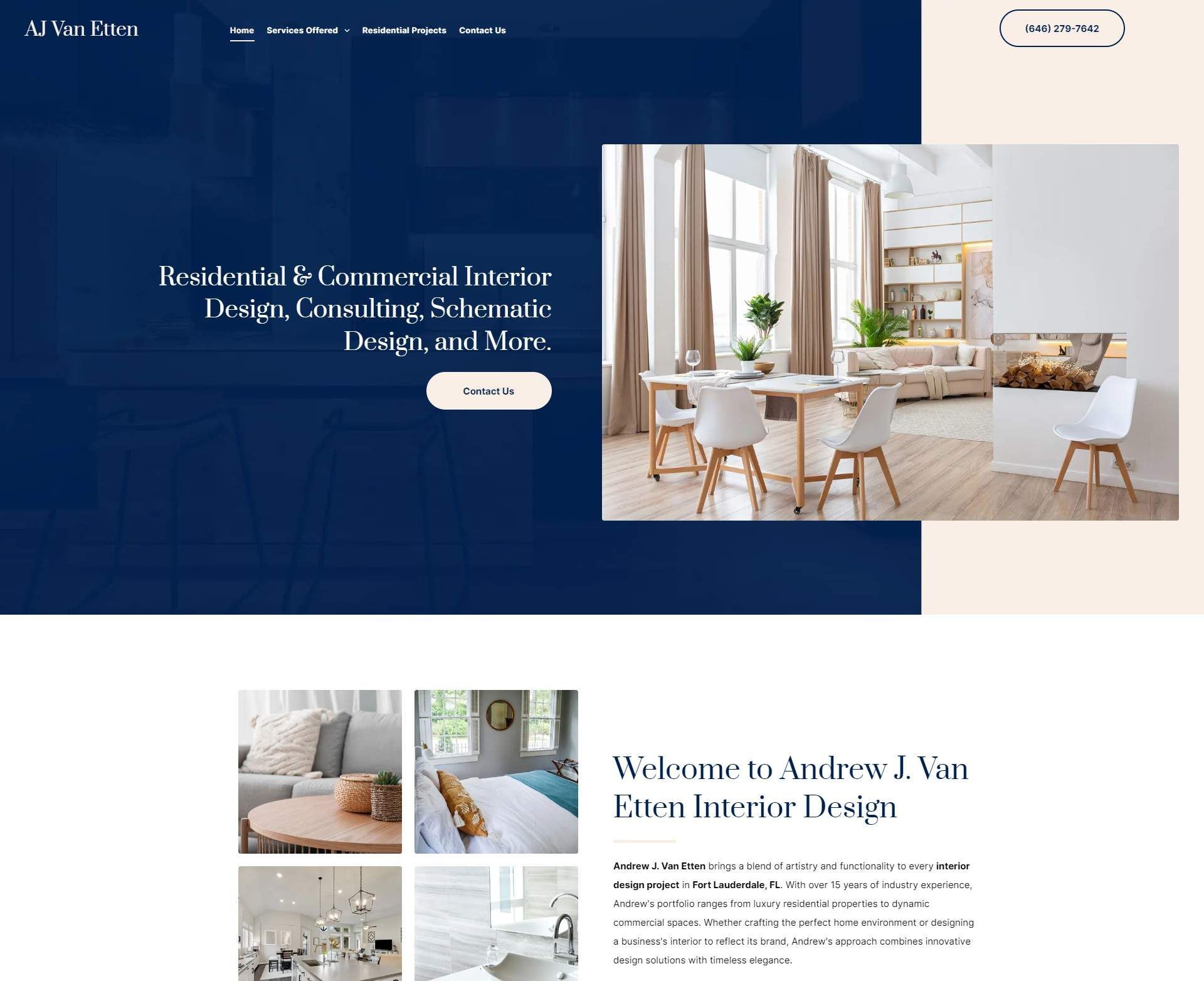 A screenshot of a website for a residential and commercial interior design company.
