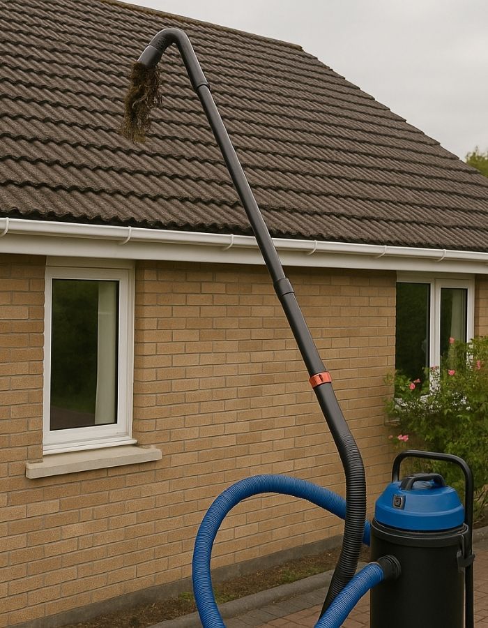 A gutter vacuum cleaner with a long curved nozzle removing debris from a rooftop gutter.