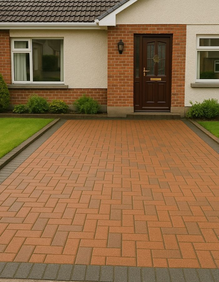 Red brick driveway leading to a brown door with flanking windows.