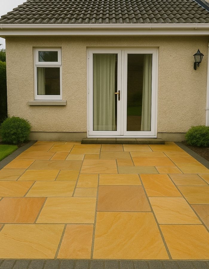 Tan patio with rectangular pavers in front of a building with glass doors and a window.