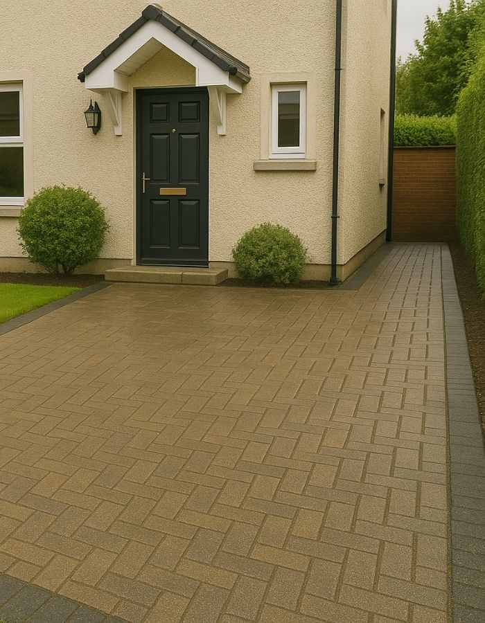 House entrance with a brick driveway, green bushes, and a dark blue door.