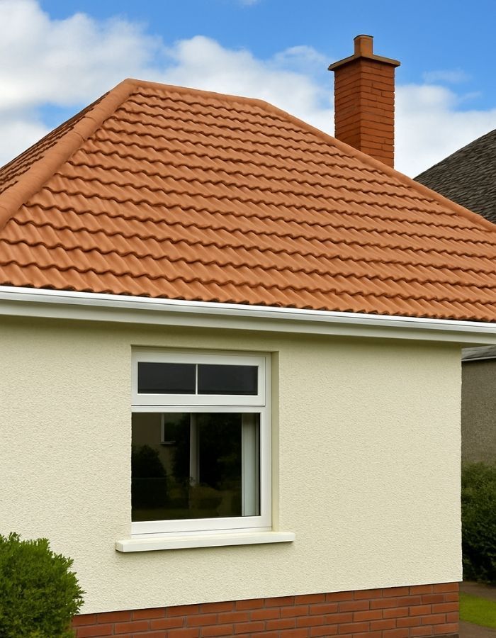 Tan house with orange tile roof, white window and trim, brick base, blue sky.