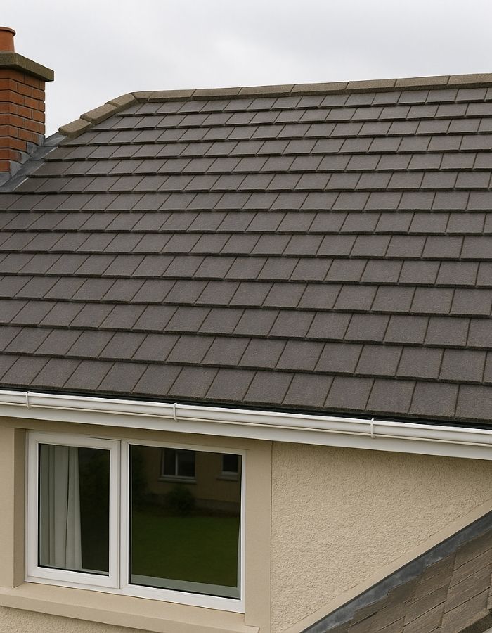A brown tiled roof on a beige building with a white window and a brick chimney against a cloudy sky.