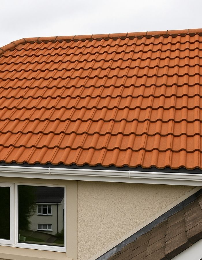 Red tile roof over a light-colored house with windows, set against a cloudy sky.