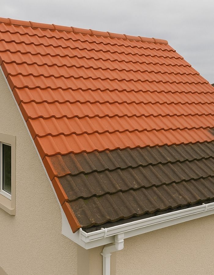 Red and brown tiled roof on a house with a white gutter and window, contrasting colors.