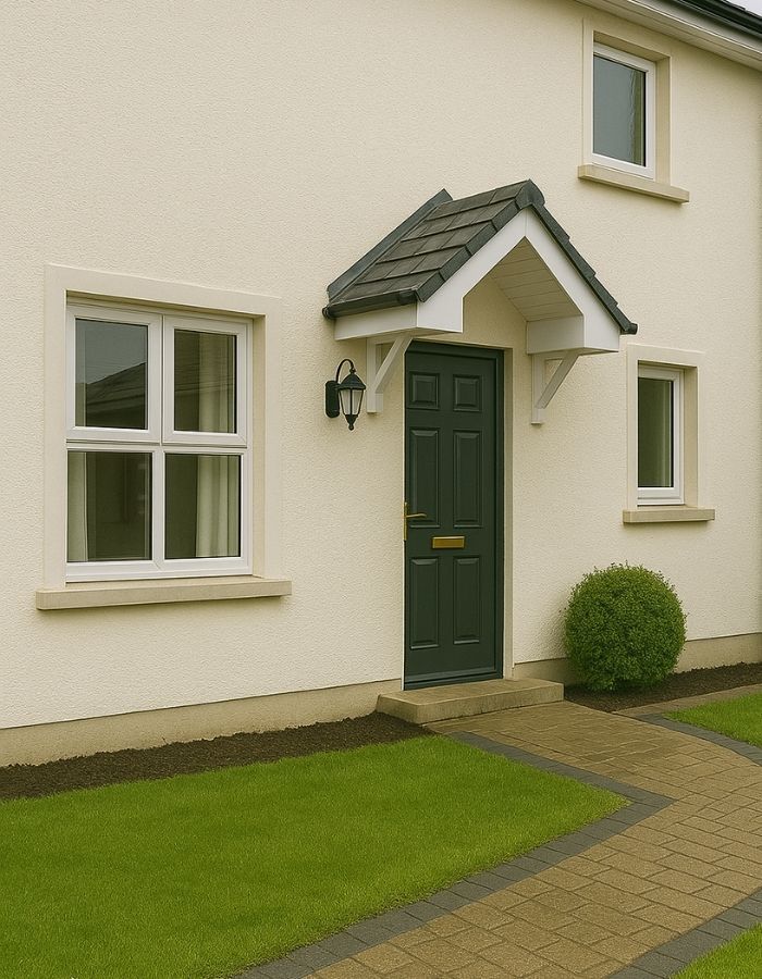 Beige house with green door, windows, and pathway leading to the entrance.