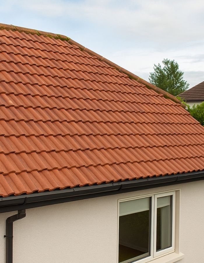 Red tiled roof on a white building with a black gutter and window.
